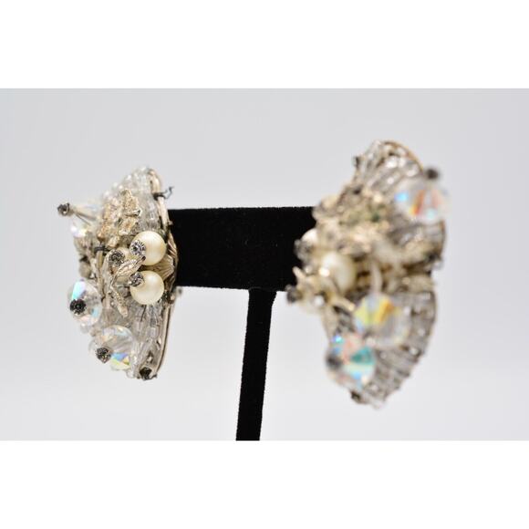 Vintage Clip Earrings Rhinestone Crystal AB Cluster Pearl Chunky 1980s BinAK - Picture 3 of 12